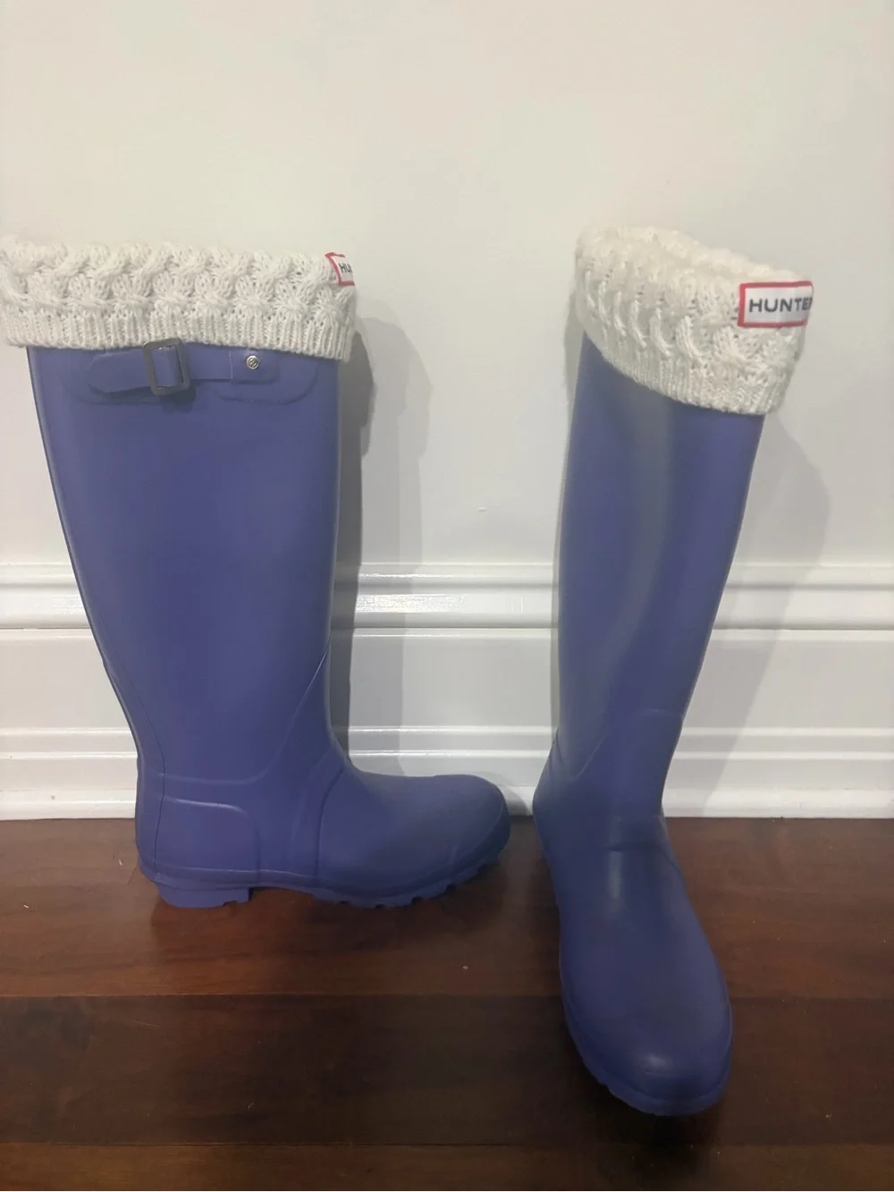 Hunter Purple Tall Rain Boots with Cream Knit Socks